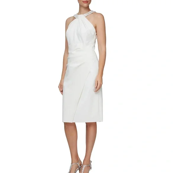 Alex Evenings | Dresses | Alex Evenings Embellished Halter Neck Sleeveless Ruched  Sheath Dress In Ivory | Poshmark